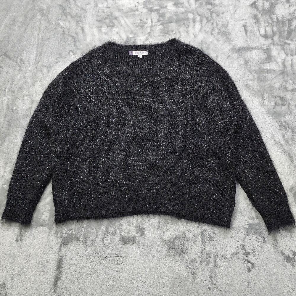 Jennifer Lopez Sweater Womens‎ XL Black Silver Metallic Sparkle Fuzzy Pullover